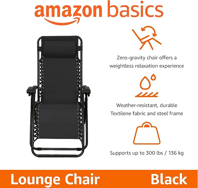 Amazon Basics Outdoor Patio Zero Gravity Lounge Chair with Pillow, Folding Reclining and Textilene Adjustable, Folding Lounge Lawn Chairs for Outside, 26", Black