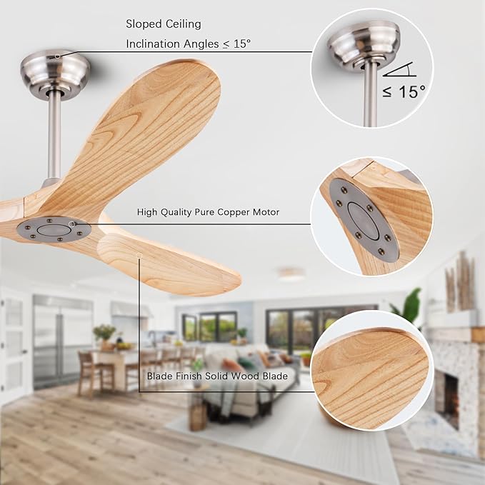 60" Wood Ceiling Fan No Lights with Remote Control,Wooden 3 Blades Ceiling Fans Without Light for Patio,Garage,Living Room,Bedroom,Office,Indoor/Outdoor(Nickel+Raw wood)