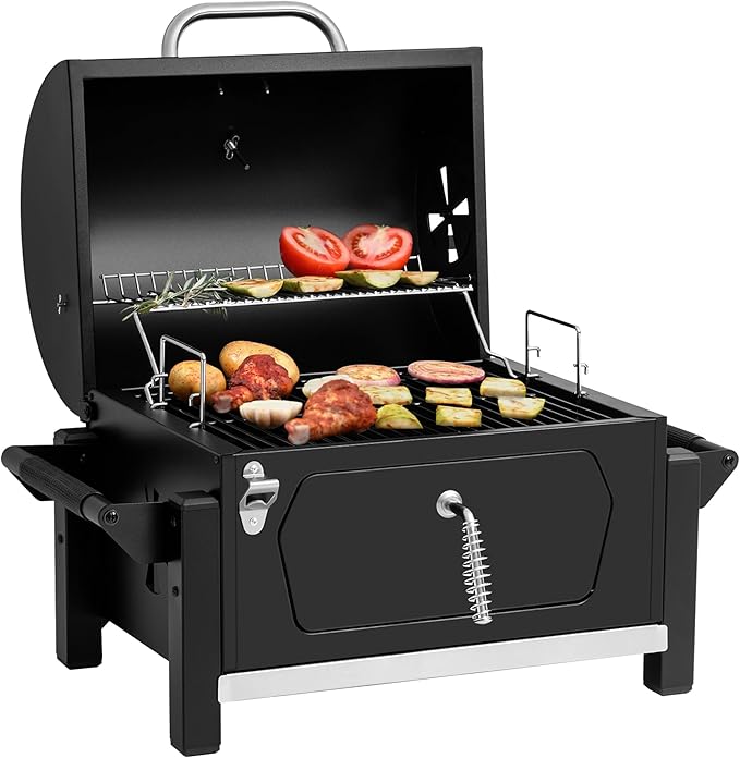 Royal Gourmet CD1519 Portable Charcoal Grill with Warming Rack, Tabletop Charcoal Grill with 303 Sq. In Cooking Area for Outdoor Camping and Picnic Grilling, Black