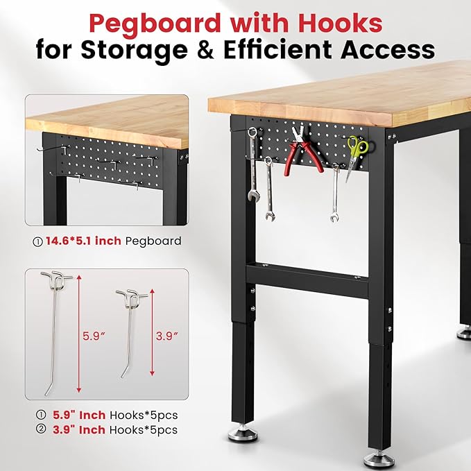 60 Inch Workbench for Garage Adjustable Height Work Bench with Pegboard Power Outlets Rubber Wood Tabletop Work Table for Cutting Wood Woodworking Shop Home Office Electronic