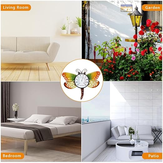 16.5" Outdoor Thermometer, Dragonfly Indoor Thermometer No Need Battery, Metal Wall Thermometer for Patio Room Decor