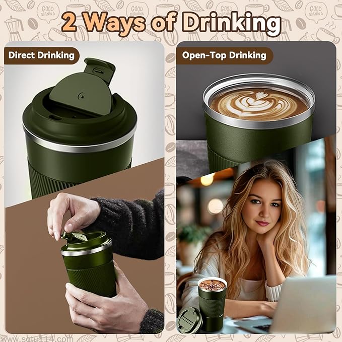 17OZ Travel Coffee Mug Insulated Coffee Cup with Spill Leak Proof Lid, Portable Stainless Steel Tumbler Reusable Hot and Cold Water Mug for Car, Daily, Camping- Military Green