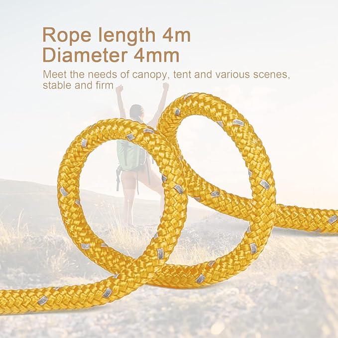 8 Pack 4mm Guy Lines Ultralight Tent Cords with Aluminum Adjuster Tensioner Outdoor Camping Guylines Ropes for Tent Tarp,Climbing,Hiking Backpacking (Yellow)