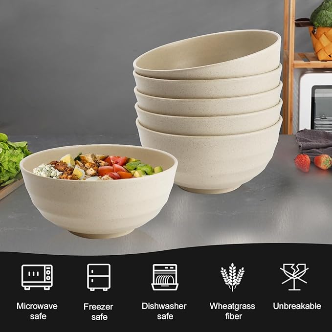 Homienly Wheat Straw Bowl Set, Large Cereal Bowls 6 PCS, Salad Bowls, Large Soup Bowl,Serving Bowl for Kitchen, Picnic, RV, Camping, 60 OZ Microwave and Dishwasher Safe Big Bowl Set- Beige