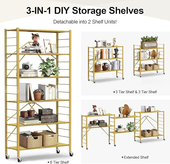 Himix 6 Tier Foldable Storage Shelves, Expandable Folding Bookshelf with Wheels, Changeable into 2 Shelf Units, Collapsible Adjustable Storage Rack Metal Shelves for Garage Kitchen, Basement, Gold