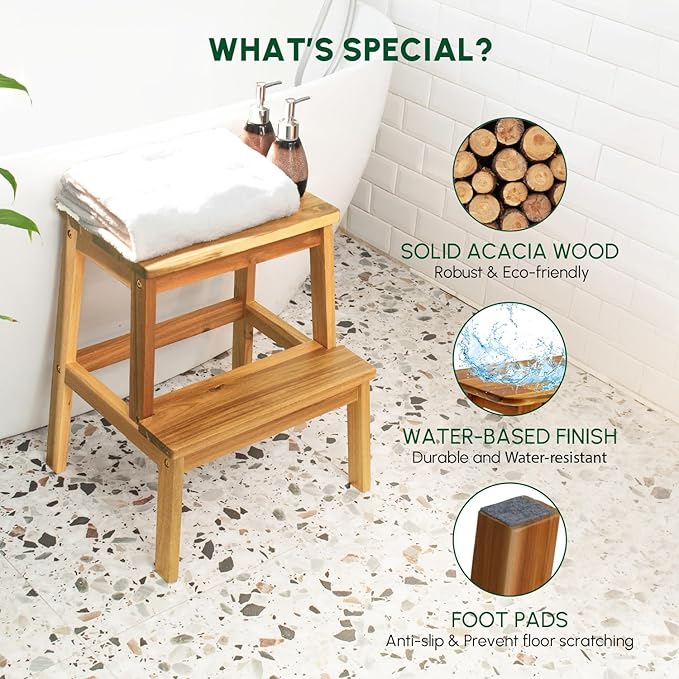 BEEFURNI 2 Step Wood Stool, Wooden Stepping Stools for Adults & Kids 350 lbs, Kids Stepping Chair, Bathroom, Bedroom Bench, Closet Climbing Chair, Easy to Assemble, 1 Year Manufacturer Warranty