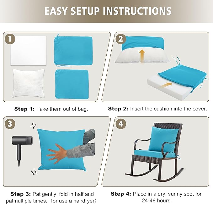 24x24 Inch Outdoor Cushions for Patio Furniture, Waterproof Outdoor Chair Cushions w/Fade-Resistant, Removable & Machine-Washable Covers, Deep Seat Sofa/Couch Pad Replacement – Set of 4, Teal