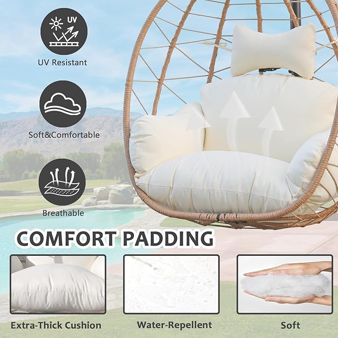 Egg Chair with Stand, Uv-Proof Pe Wicker Hanging Chair for Outdoor Patio, Cushioned Hammock Swing for Bedroom Garden Indoor/Outdoor, Double-Zipper Structure Hanging Egg Chair (Yellow and White)