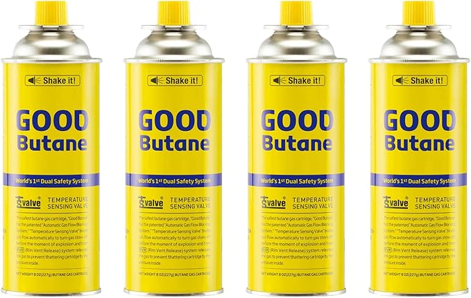 8oz Butane Fuel Canisters Cylinders with Dual Safety System for Portable Gas Stove, Camping Stoves, Gas Burners, UL Listed, Made in Korea (4 Pack)
