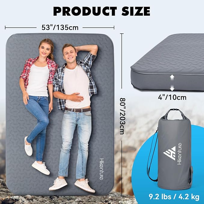 Hikenture 4" Thick Self Inflating Sleeping Pad, Foam & Air Camping Mattress, 9.5 R-Value Insulated Sleeping Mat, Portable All Season Camping Pad for Tent, Car, Cot, Truck