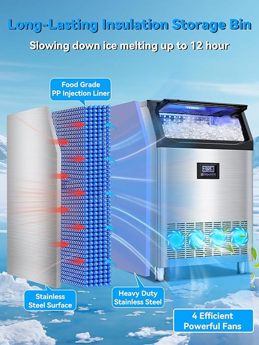 Commercial Ice Maker Machine, 300 Lbs/24H with 115 Lbs Storage Bin, Stainless Steel Freestanding/Under Counter Large Ice Maker with Self-Cleaning for Home, Restaurant, Bar, Cafe