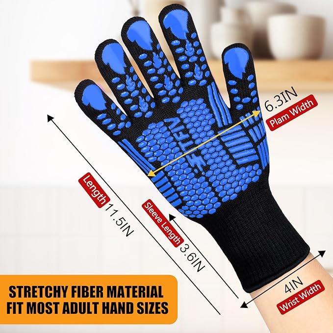 BBQ Gloves, Oven Gloves, Extreme Heat Resistant Barbecue Gloves, Silicone Non-Slip Oven Mitts, Kitchen Gloves for Cooking, Grilling, and Baking (Blue)
