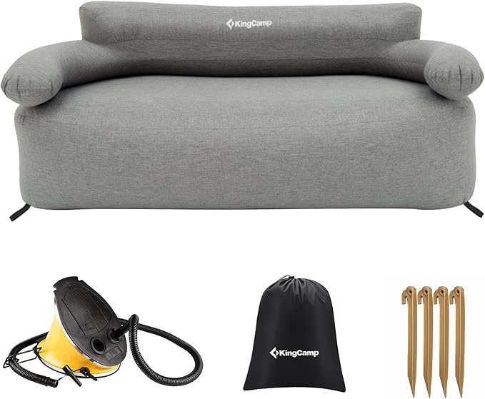 KingCamp Double Inflatable Couch for Camping, Portable Foldable Eco-Friendly Reach-Certified PVC Liner Air Lounger 2-Person Blow Up Sofa with Foot Pump, Pegs, Repair Kit & Removable Cover