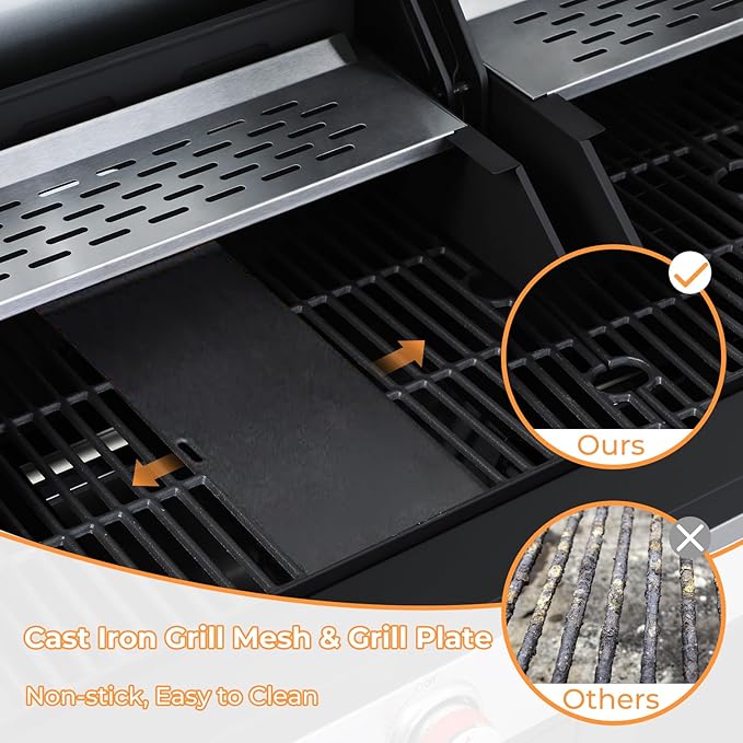 Gas and Charcoal Grill Combo with Side Burner, Dual-sided Frying Plate, Thermometer, Wheels, Side Table, 37,230BTU Gas Grill for Patio, Garden