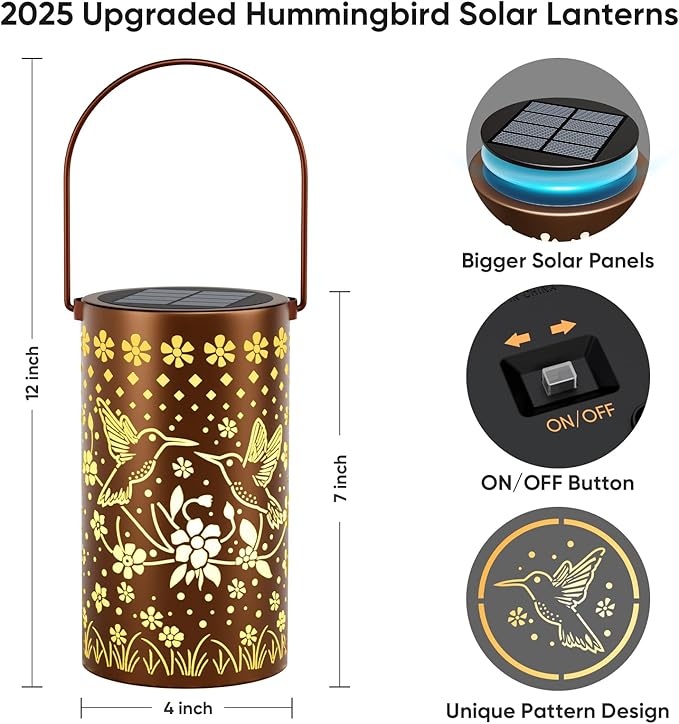 Hummingbird Solar Lanterns Outdoor Waterproof: Gardening Decor Unique Birthday Christmas Gifts for Women Mom Grandma - Hanging Solar Lights with 2 Modes Yard Patio Pathway Porch Decorations - 1 Pack