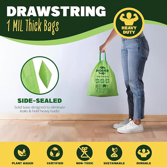 2.6-3 Gallon Compostable Trash Bags Drawstring 50 Bags Heavy Duty Extra Thick 1 Mil 11.36 Liter Small Kitchen Food Scrap Waste Compost Bag ASTM D6400, US BPI and OK Compost Home Certified