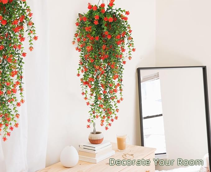 Faux Hanging Plants Hanging Greenery Outdoor Artificial Vines for Outdoors Hanging Plants with flowers Artificial Hanging Plants Indoor Outdoor Wall Garden Wedding Interior Decoration(Orange Red)