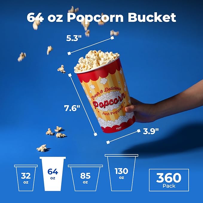 Fit Meal Prep 360 Pack Classic Paper Popcorn Buckets Disposable, 64 Oz Grease Resistant Popcorn Bowls Cups for Machine Home Theater Carnival Movie Night
