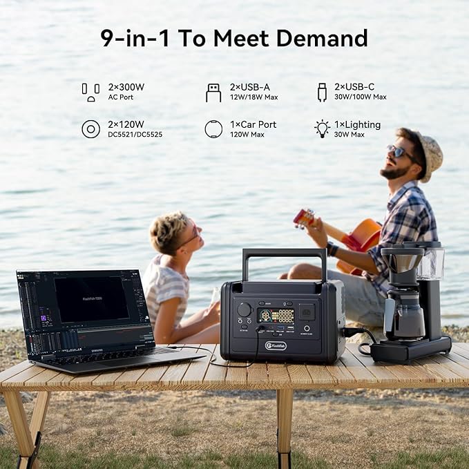 Flashfish T300pro 300W Portable Power Station 230Wh LiFeP04 Battery, 600w Surge, Pure Sine Wave AC Outlets, 100W USB-C PD, 1.2H Fast Recharge, Solar Generator for Camping, Rv, Outdoor &Emergency Use
