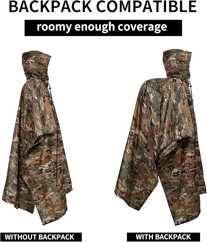 GRVCN Military Rain Poncho, Camouflage Raincoat Outdoor Waterproof Lightweight