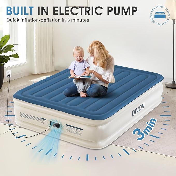 DIVON Air Mattress Queen with Built in Pump,18'' Raised Self Inflatable Mattress,Foldable Blow Up Mattress in 3 Mins,Portable Air Bed for Camping,Travel&Floor,Queen Size Air Matress for Adults,660lbs