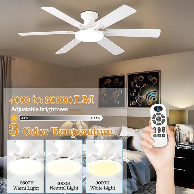 Ceiling Fans with Lights,54 Inch Low Profile Ceiling Fan with Light and Remote Control,6 Speeds/6 Blade,Flush Mount,LED Dimmable DC Reversible Modern, White Ceiling Fan for Bedroom/Living Room