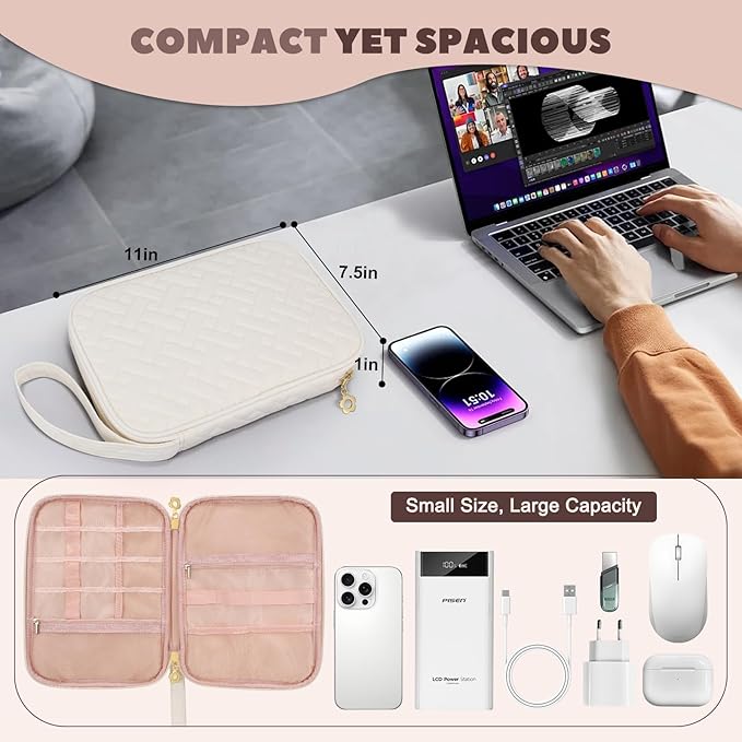 Electronics Organizer Travel Case, Charger Bag Cord Organizer Travel, Compact Tech Pouch Cable Organizer Bag for Charger, Cords, Phone, Headphones, Flash Drive, SD Card (Beige, Large-Single Layer)