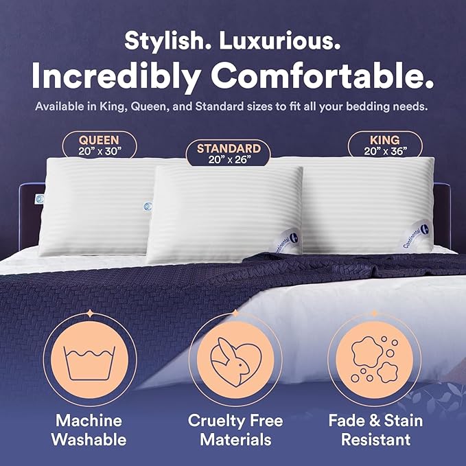 Continental Bedding | Serenity Goose Down Pillow | 700 Fill Power Hungarian White Down | 400TC Cotton Damask Shell | Made in USA | Medium, Standard with Protector