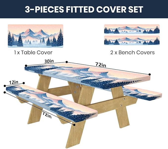 CAPSCEOLL Fitted Picnic Table Cover with Bench Covers with Elastic 6Ft Waterproof Camping Picnic Table Cover Cloths for Outdoors Camping Tablecloth with Drawstring Bag, 72X30in, Snow Mountain