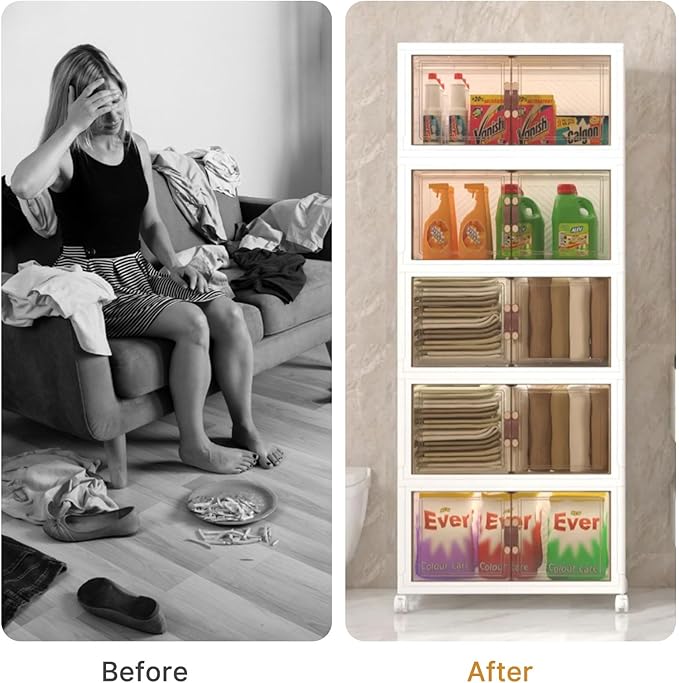 Extra Large Stackable Storage Binswith lids & Wheels, Foldable Collapsible Closet Organizers,480QT-120QT/30GAL*4Pack Plastic Containers with door & drawers for bedroom Dorm