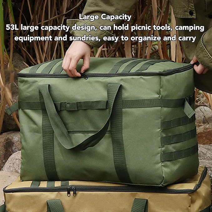 Camping Storage Bag, 53L Large Capacity with Handles, Axe Holder, Utility Tote Bag Camping Kitchen Organizer for Picnic Moving Travel