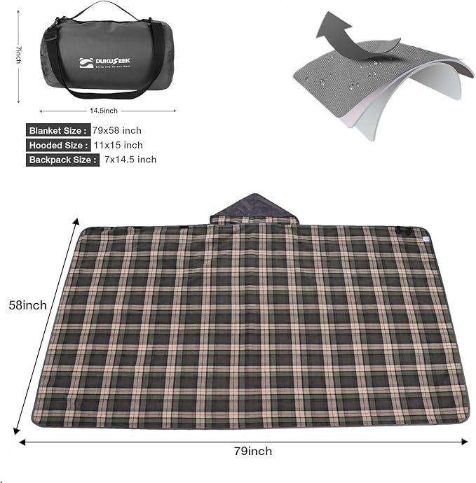 DUKUSEEK Stadium Blanket for Outdoor Sports, Waterproof Hooded Blankets, Windproof Warm Fleece Blankets for Camping Stadium, Beach, Picnic, Concerts, Car, Dog, 79x58