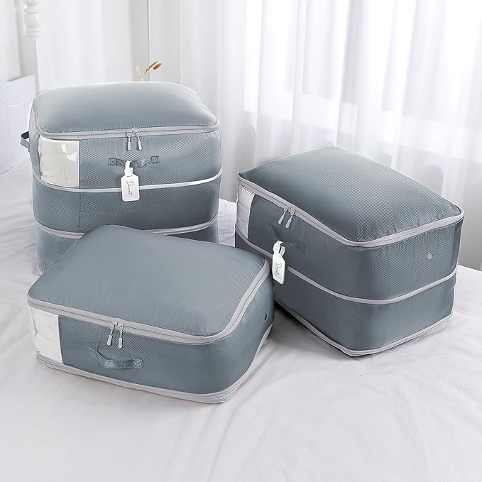 Comforter Storage Bag - Large Capacity Blanket Storage Bags 3-Layer Ultra Space Saving Self Compression Organizer, Washable Compression Bags for Storage Comforter Blanket, 4-Pack, Grey