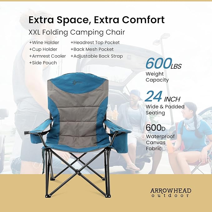ARROWHEAD OUTDOOR 2-Pack Oversized XXL Portable Folding Camp Chair w/Glass & Cup Holders, Armrest Cooler, Heavy Duty Carry Bag, 600 lbs Weight Capacity