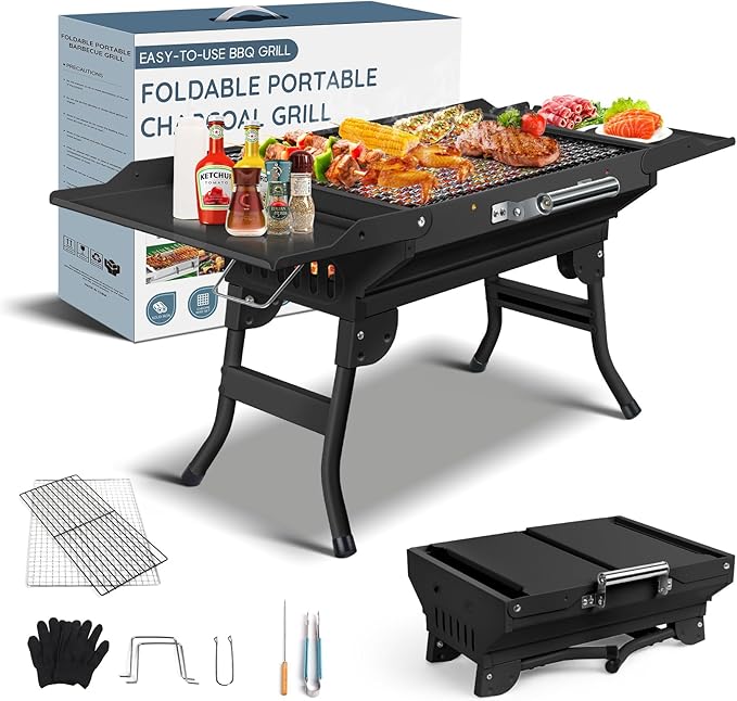 Portable Charcoal Grill Foldable Grills BBQ Grill Charcoal Small Grill for Travel, Camping, Outdoor Cooking, Backyard, Hiking, Patio Garden, Picnics, Black