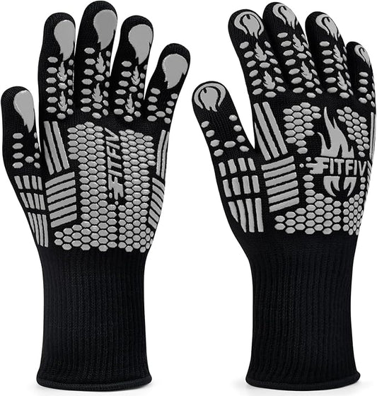 BBQ Gloves, Oven Gloves, Extreme Heat Resistant Barbecue Gloves, Silicone Non-Slip Oven Mitts, Kitchen Gloves for Cooking, Grilling, and Baking (Gray)