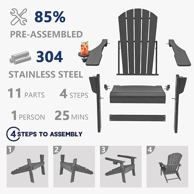 Folding Adirondack Chair, SGS Tested, Wooden Textured with Cup Holder, Heavy All-Weather HDPE Comfortable Set Poolside Backyard Lawn Grey Set 2