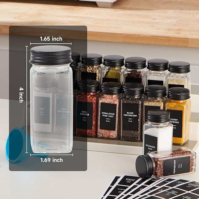 48 Pcs Spice Jars with Label- Glass Spice Jars with Black Metal Caps,Shaker Lids, Funnel, Chalk Pen, Brush,Cleaning Cloth 4oz Seasoning Containers Bottles for Spice Rack, Cabinet, Drawer