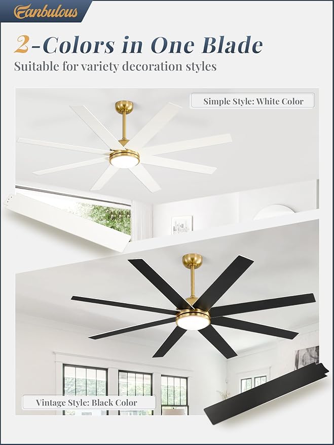 65 Inch Ceiling Fans with Lights and Remote, Gold Indoor/Outdoor Ceiling Fan with Quiet Reversible DC Motor, 6 Speeds, 3CCT, 8 Blades Large Ceiling Fan for Living Room Bedroom Patio