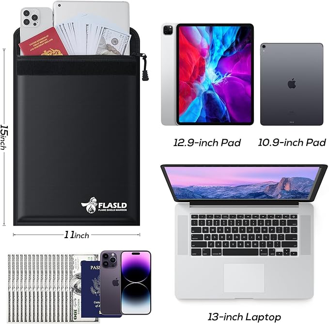 FLASLD Fireproof Document & Money Bags, Large Fireproof & Water Resistant Bag, Fireproof Folder Safe Bag for Cash, Valuables & Passport, with Silicone Coating & Zipper Closure (Document Bag-15x11”)