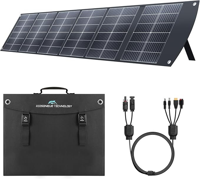 Ecosonique 200W Portable Solar Panel for Power Stations, Foldable & Lightweight with Kickstand, USB-C PD3.0 & USB-A QC3.0, MC4 & Multi-Output for Solar Generators, RVs, Camping, and Outdoor Use