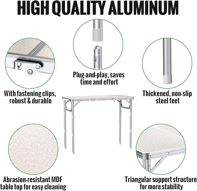 GARLLEN Folding Table for Camping, 3-Adjustable Height Lightweight Folding Picnic Table with Storage Bag, Portable Aluminum Outdoor Table for Outside, Camping, BBQ, 34.2" L x 15.7" W