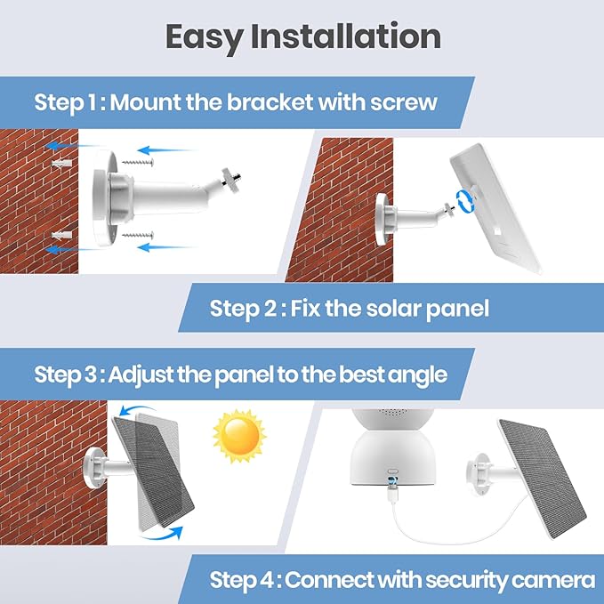 FlexSolar 2 Pack 6W Solar Panel for Security Camera, IP67 Waterproof with 10ft Cable, Dual USB Ports (Type-C/Micro-USB), 360° Adjustable Mount, Outdoor Charging