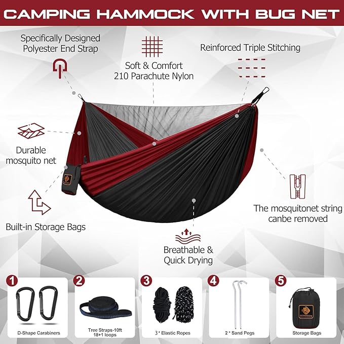 Camping Hammock, Portable Hammocks with Mosquito Net,Lightweight Nylon Parachute Hammock with 10ft Tree Straps,Camping Gear Must Haves for Travel Hiking Backpacking Beach Patio-Black&Red