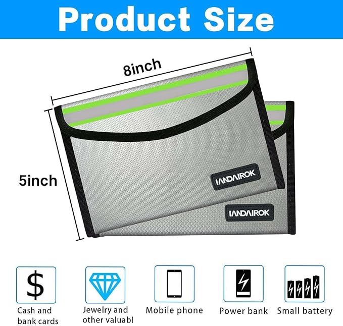 5"x8" Silver Small Fireproof Bag Money Bag Home Office Travel Safe Storage Pouch for Document Cash Valuables Jewelry Mobile power supply Power bank Lipo Battery (20 * 13cm)