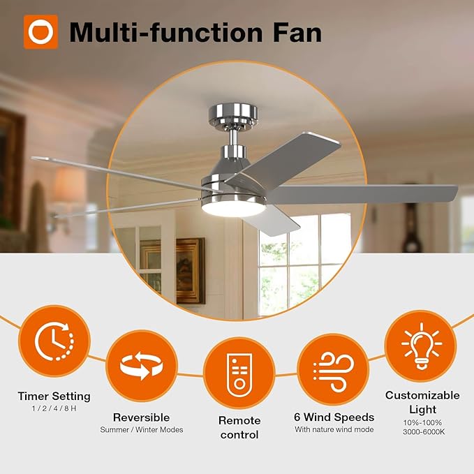 addlon Ceiling Fans with Lights, 52 inch Ceiling Fan with Light and Remote Control, Reversible, 3CCT, Dimmable, Noiseless, Nickel Ceiling Fan for Bedroom, Indoor/Outdoor Use