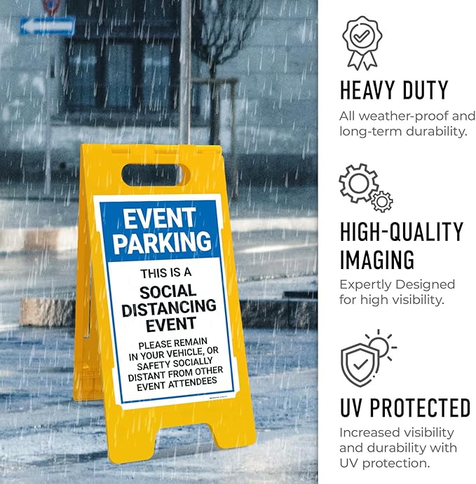 Event Parking Social Distancing Event Please Remain in Vehicle Sidewalk Sign Kit, 10x16 Inches, with A Frame Stand, Made in USA