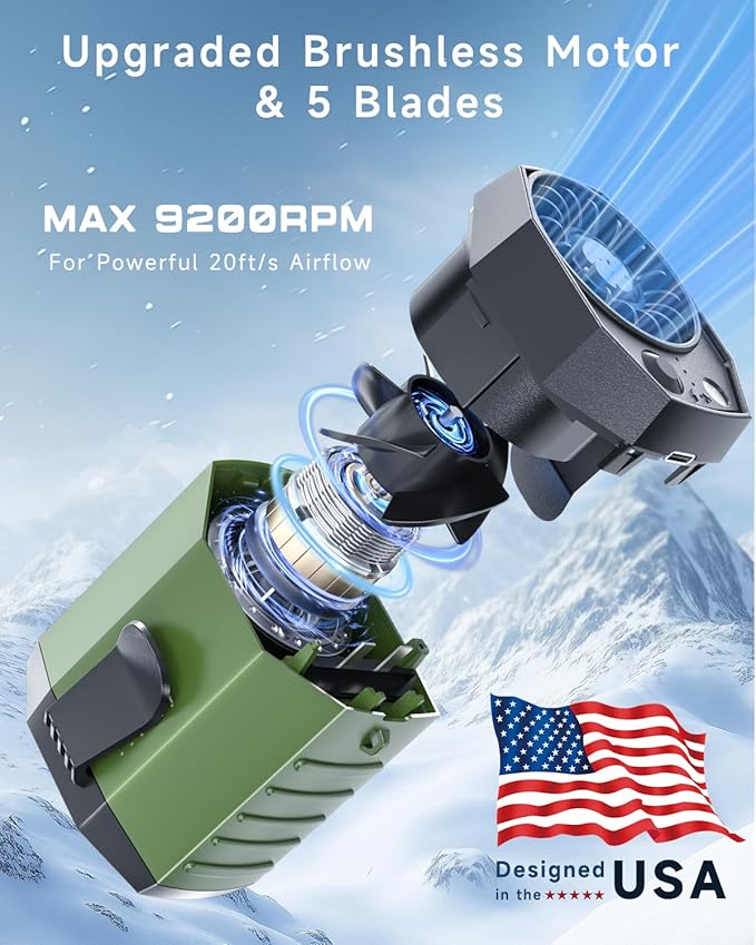 2025 Smart Portable Rechargeable Fan with LED Light & 25H Runtime, 4-Speed 9200RPM Turbo Cooling Personal Waist Fan, Wearable Neck & Belt Clip for Camping, Outdoor, Hiking - Green