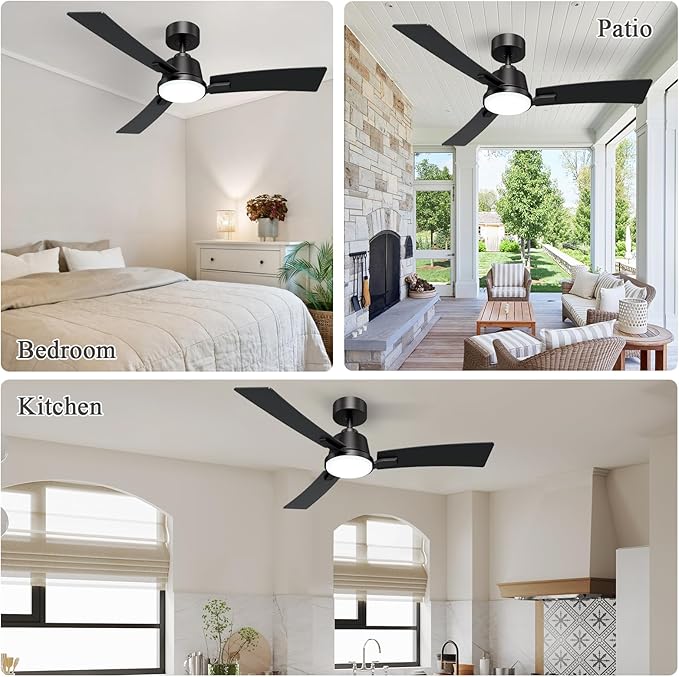 52 Inch Ceiling Fans with Lights,Low Profile Ceiling Fan,Modern Flush Mount,Reversible 6 Speeds,3CCT Dimmable Noiseless Black Ceiling Fans for Living Room,Bedroom and Patio,ETL Listed