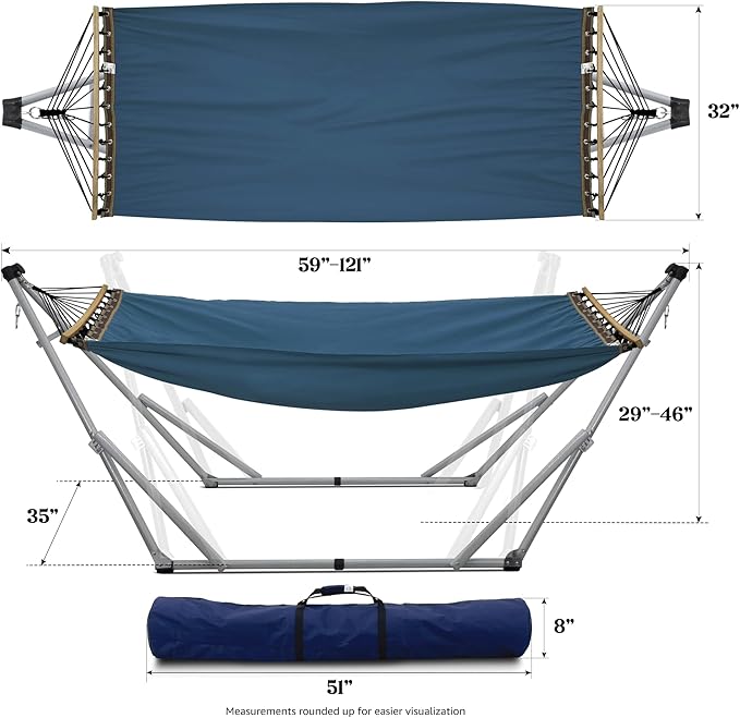Tranquillo Ultimate Relaxation Portable Hammock Stand with Cotton Canvas, Spreader Bar, Quick Fold Unfold in 30 Seconds Steel Frame Hammock 600 lbs Capacity Hammock Set, White Frame, Blue